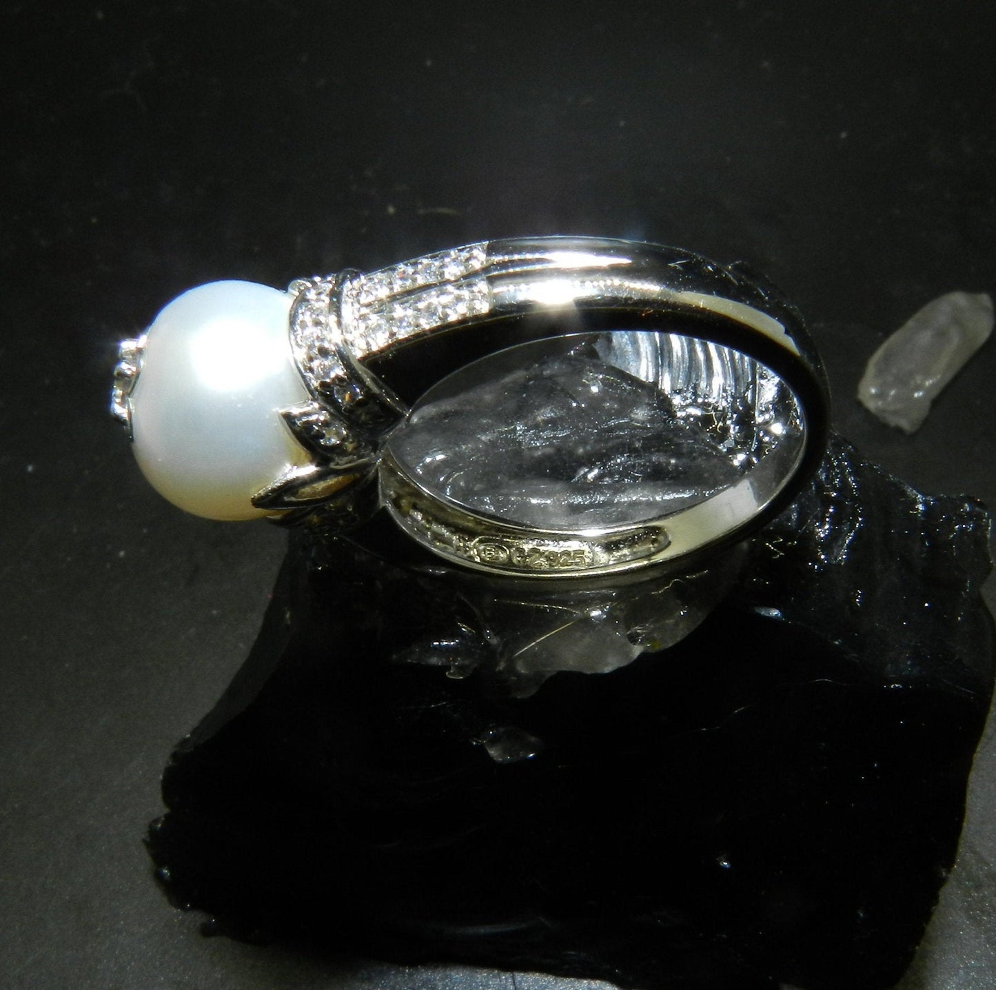 Vintage Sterling Silver Pearl & CZ Ring SZ 8 1/4