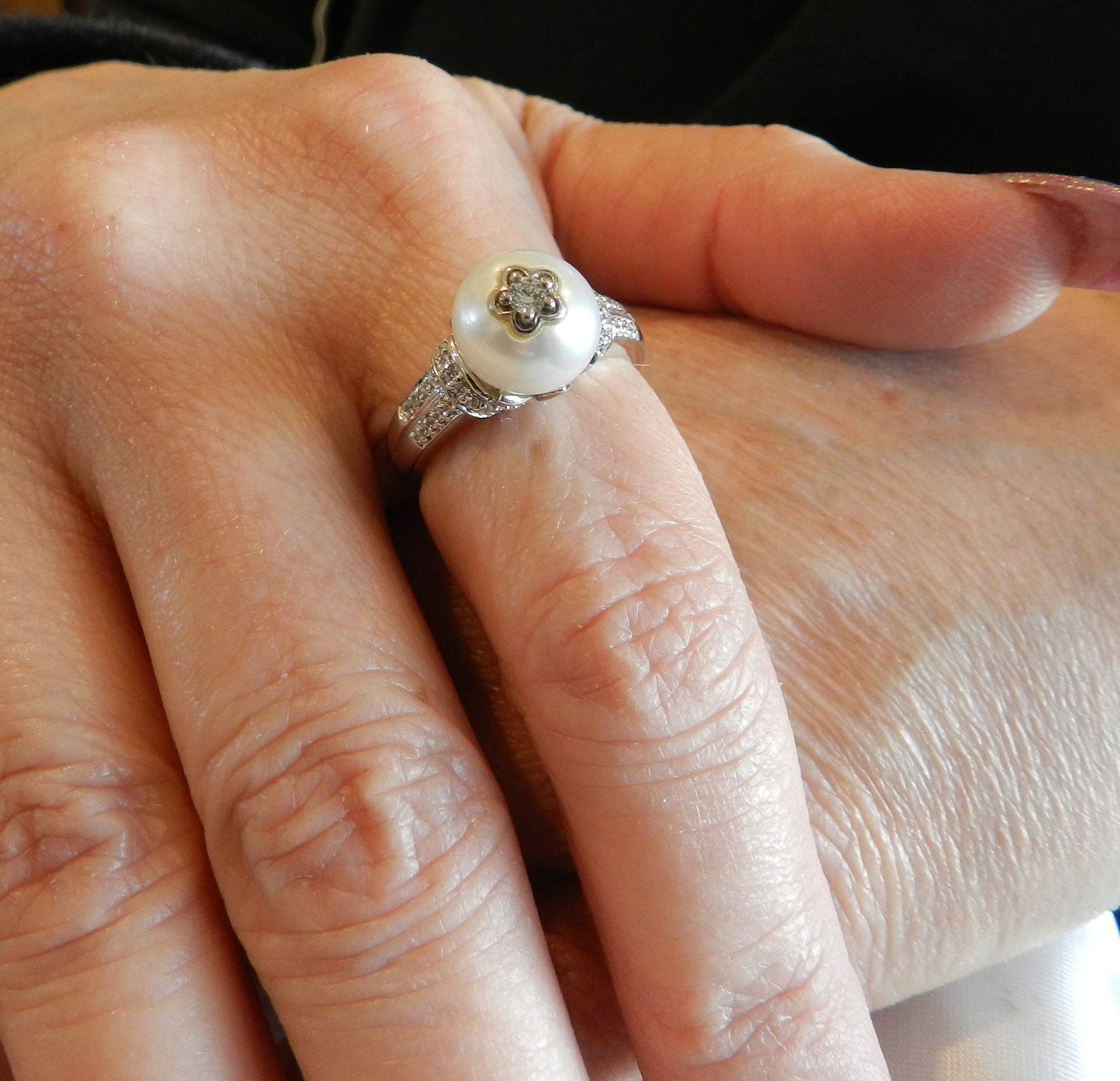 Vintage Sterling Silver Pearl & CZ Ring SZ 8 1/4