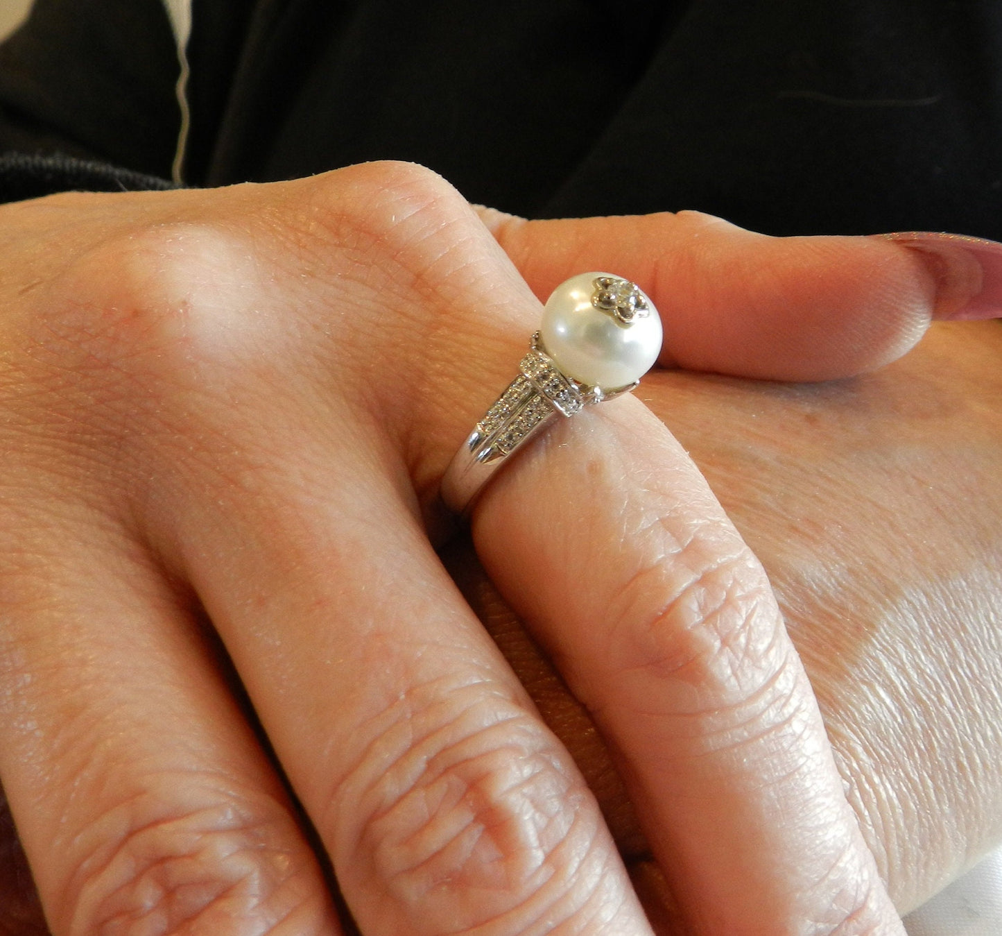 Vintage Sterling Silver Pearl & CZ Ring SZ 8 1/4