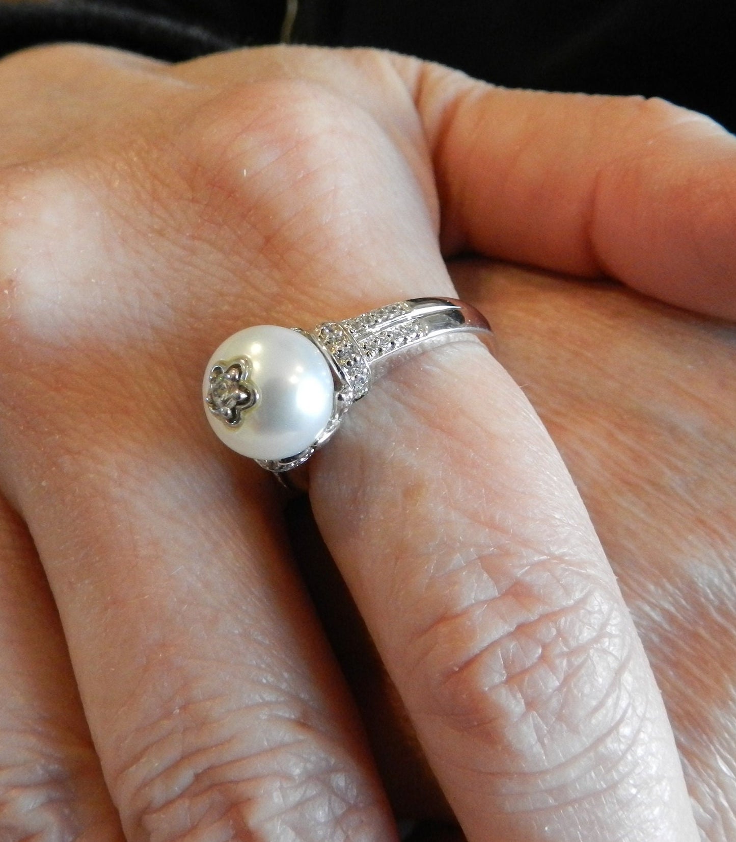 Vintage Sterling Silver Pearl & CZ Ring SZ 8 1/4