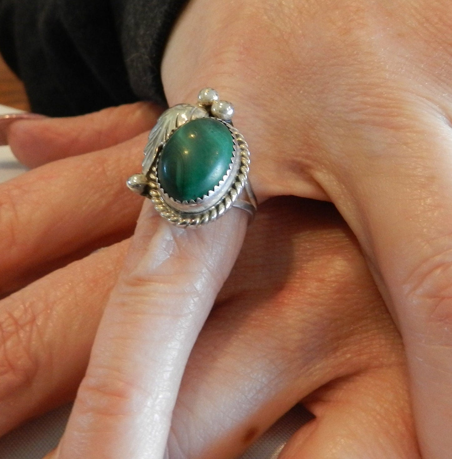 Vintage Sterling Southwestern Malachite Ring - SZ 5.5