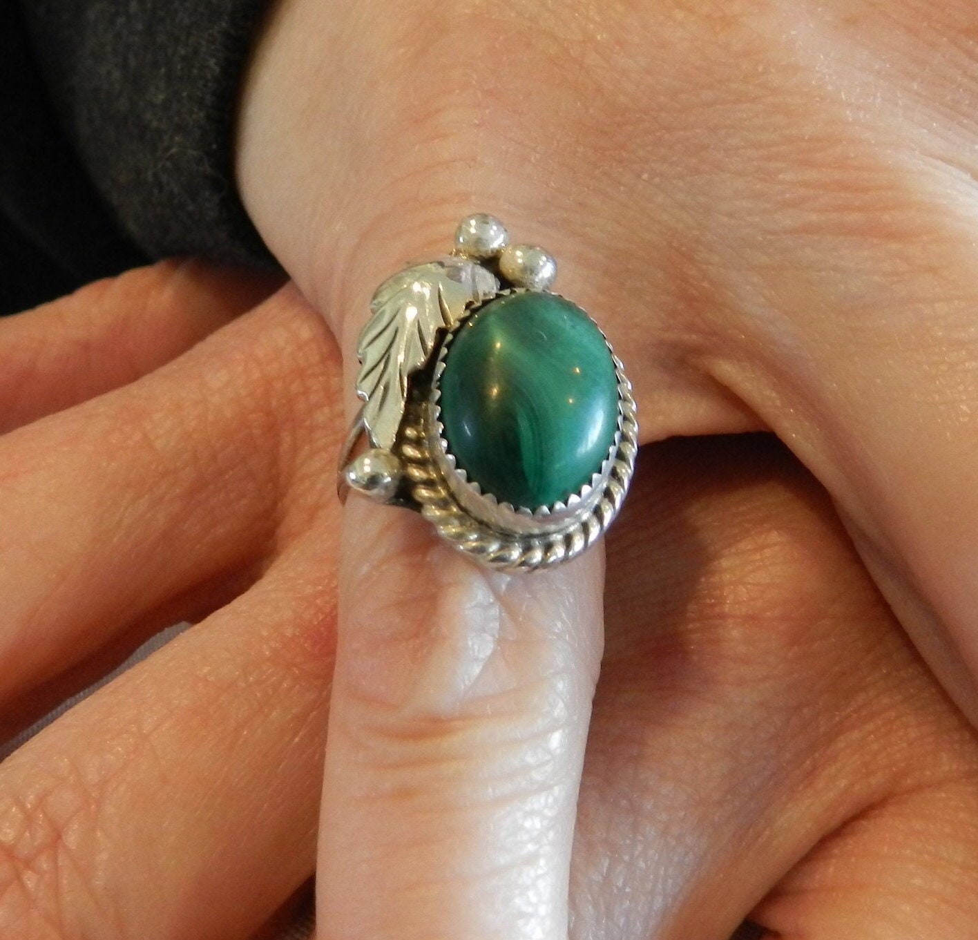Vintage Sterling Southwestern Malachite Ring - SZ 5.5