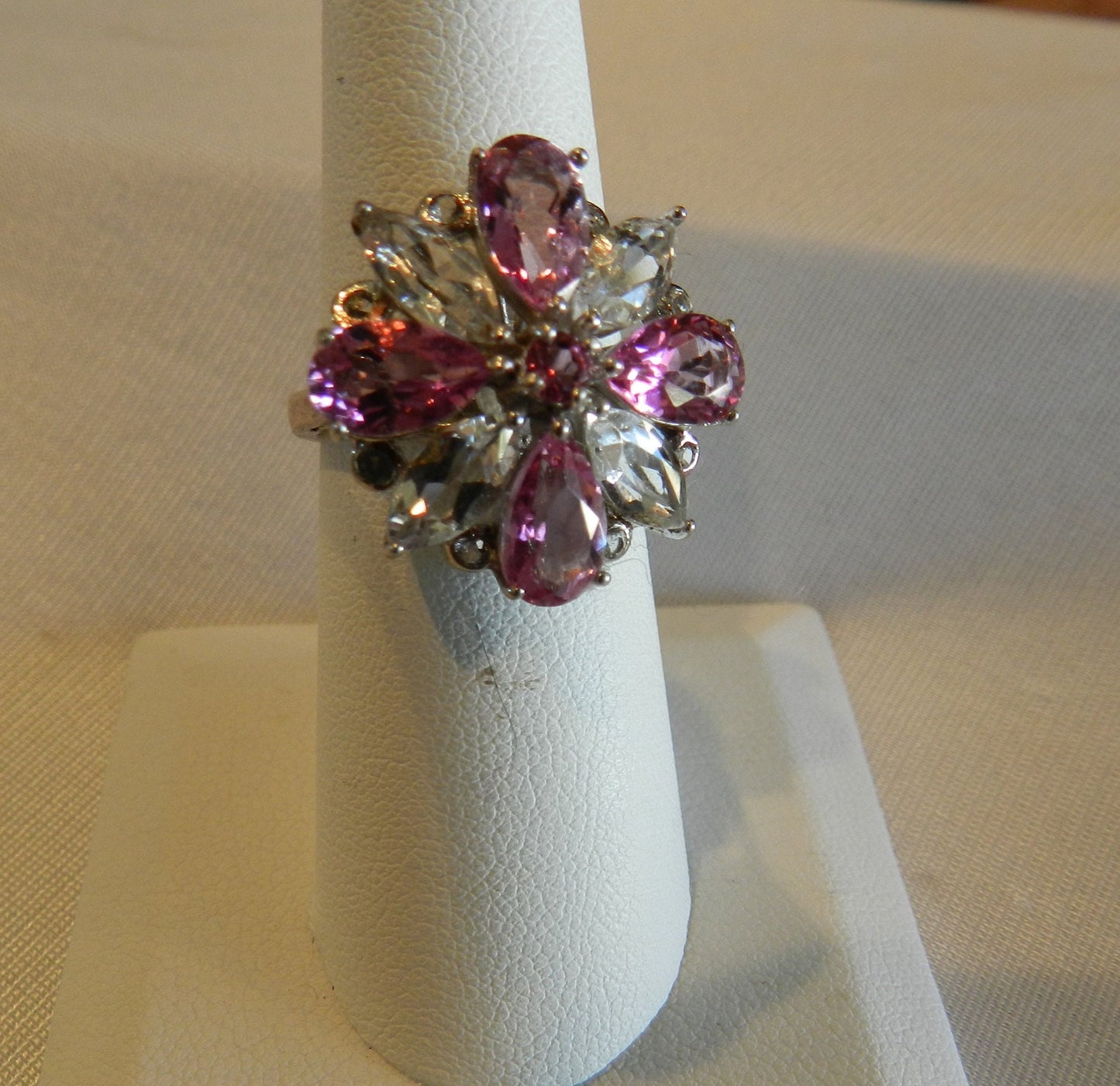 Vintage Large Light Pink & Clear Quartz Ring Sterling Silver 925 Dead Stock Unused