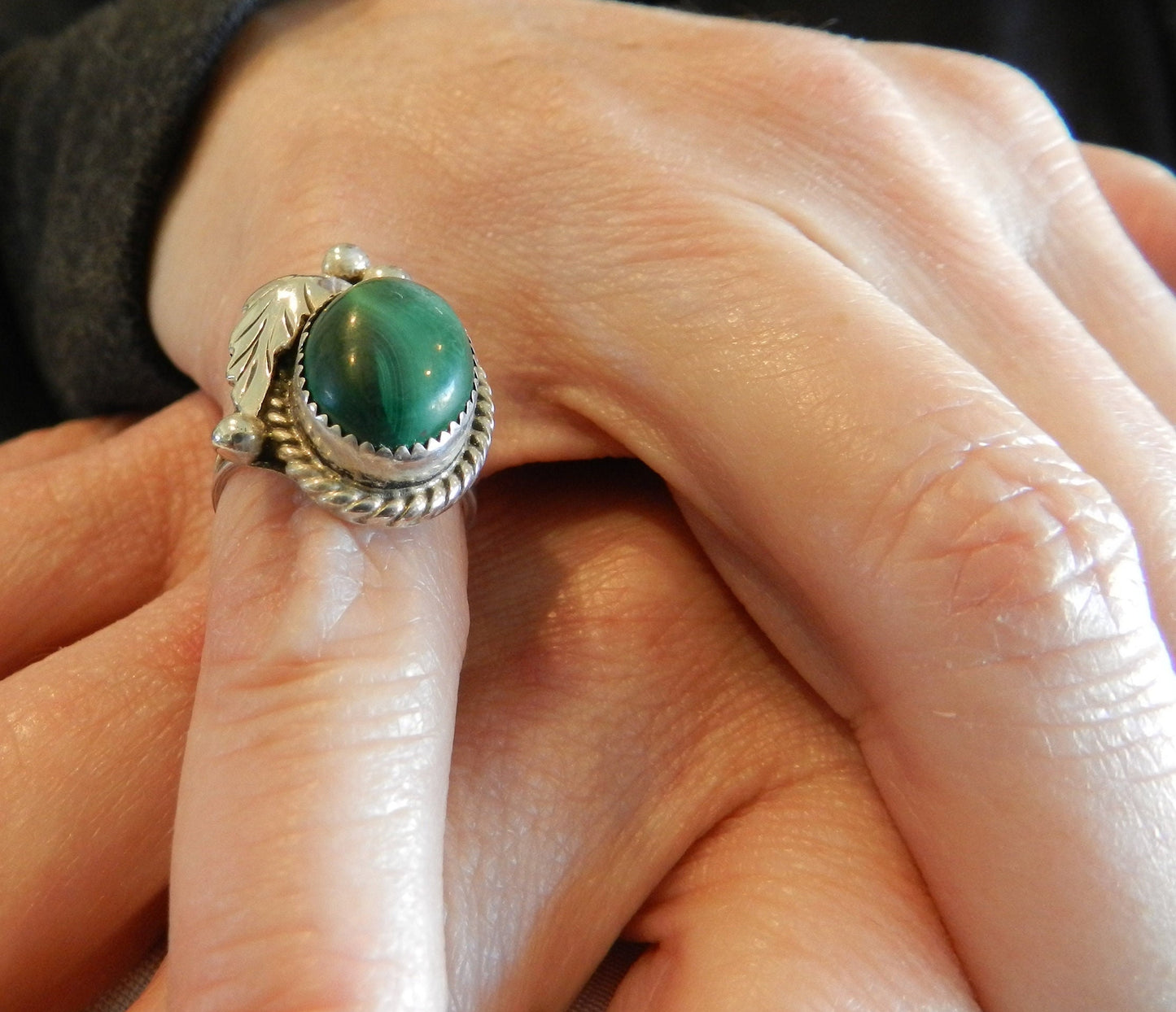 Vintage Sterling Southwestern Malachite Ring - SZ 5.5