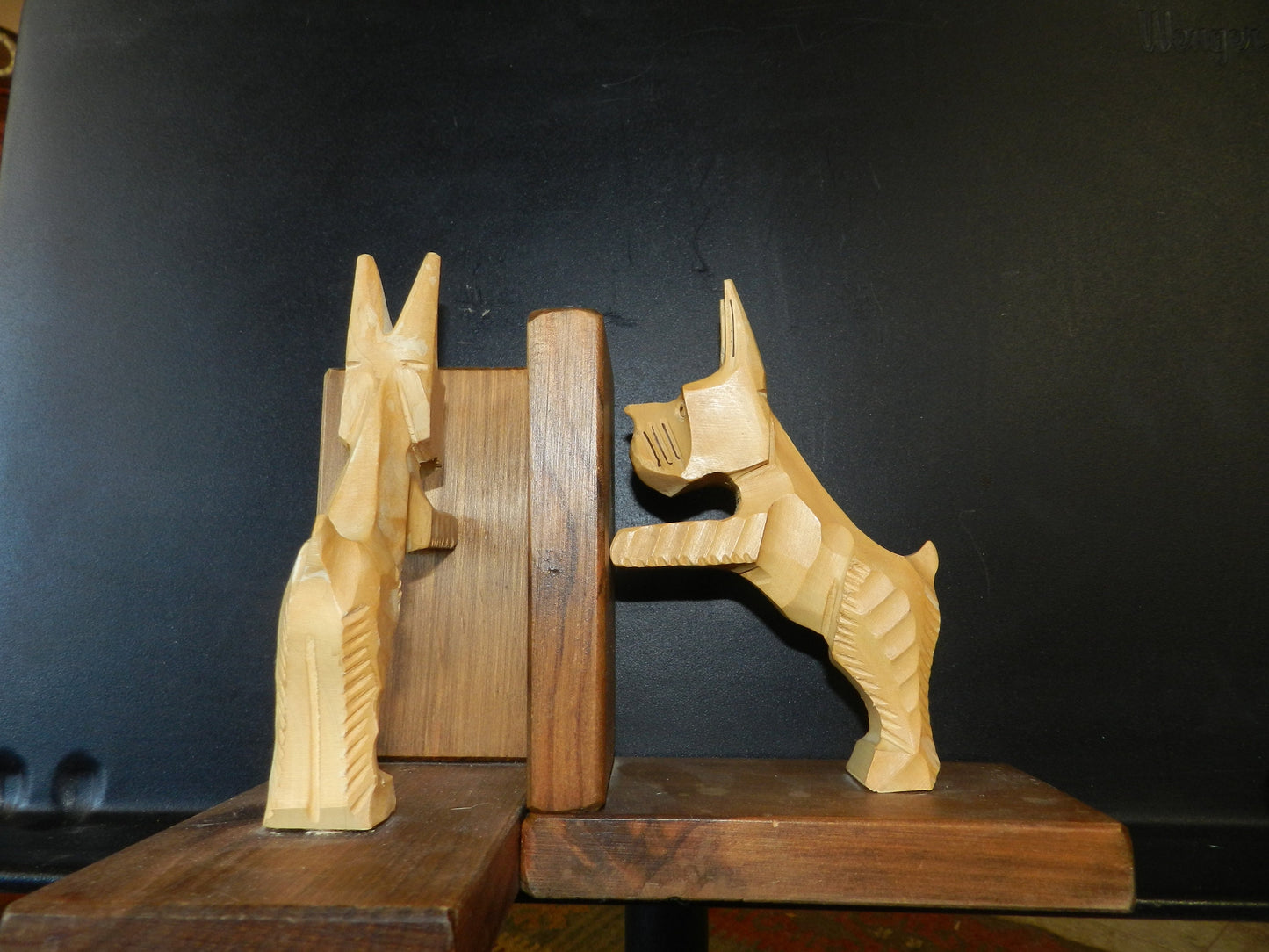 Vintage Solid Hand Carved Wood Terrier Bookends - Midcentury - Rota