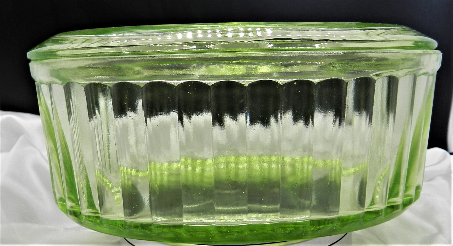 Large Vintage Oval Uranium Glass Serving with Lid Authentic Vaseline Glass