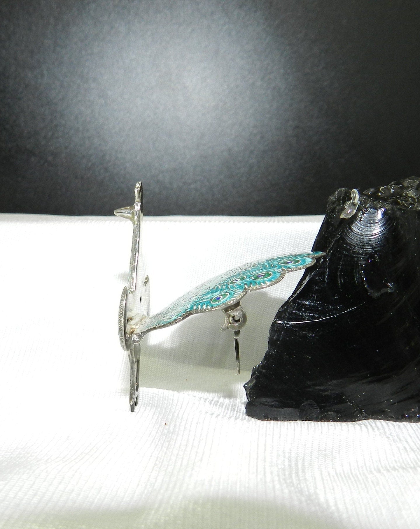 Art Deco Sterling Blue Peacock Brooch Pin - Articulated