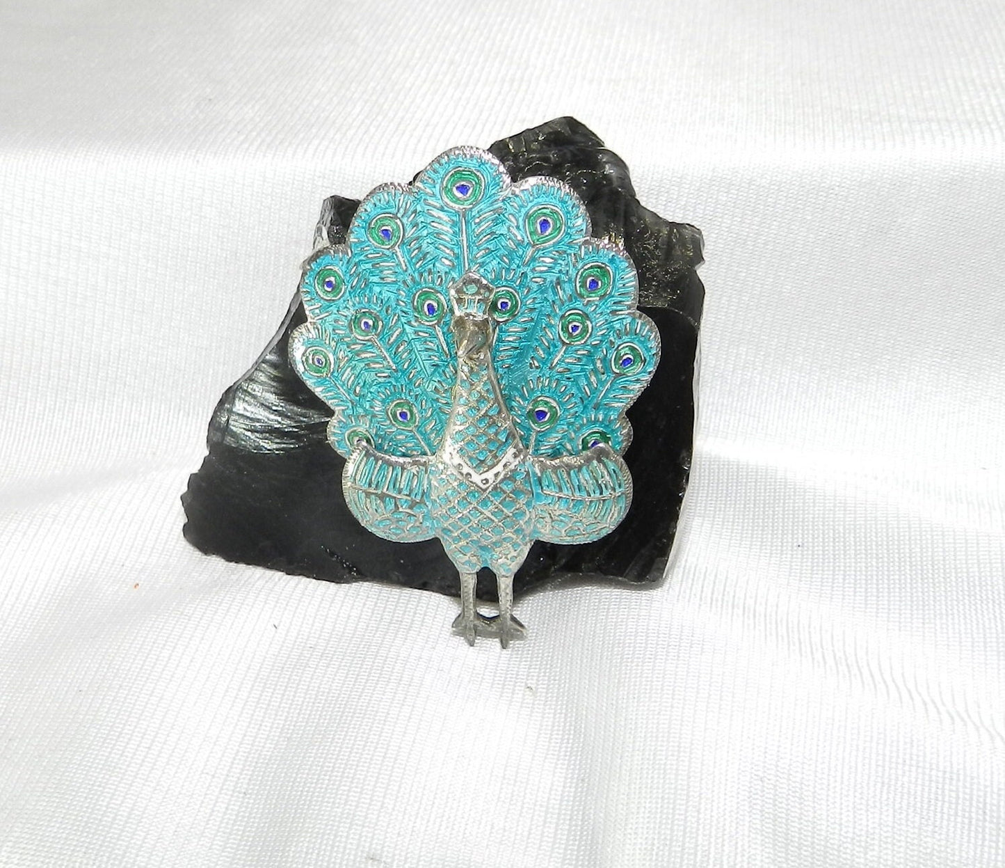 Art Deco Sterling Blue Peacock Brooch Pin - Articulated