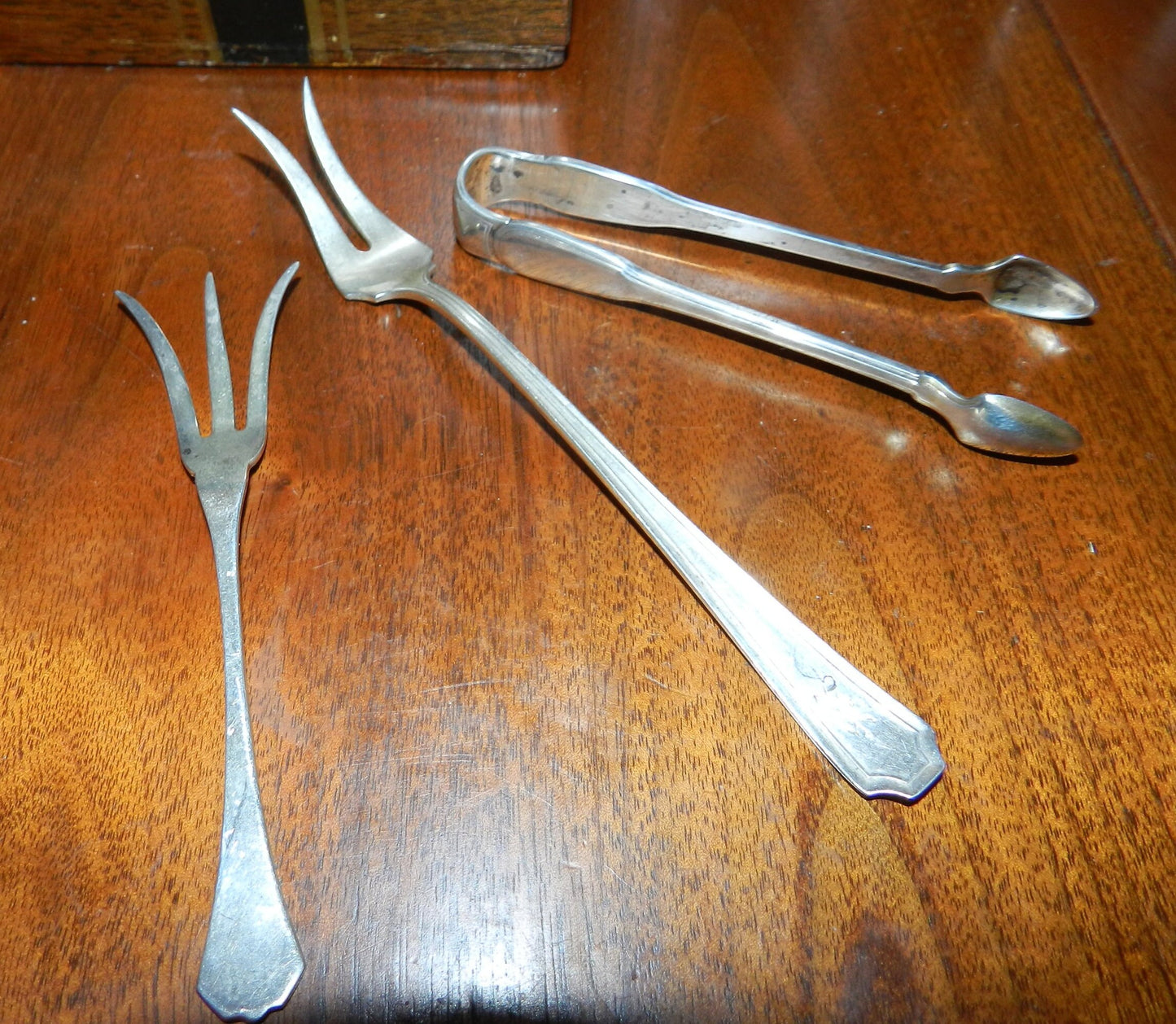 3 Antique Sterling Silver Forks & Sugar Tongs  - Tiffany Gramercy Tong -   Lemon Fork -   Butter Pick