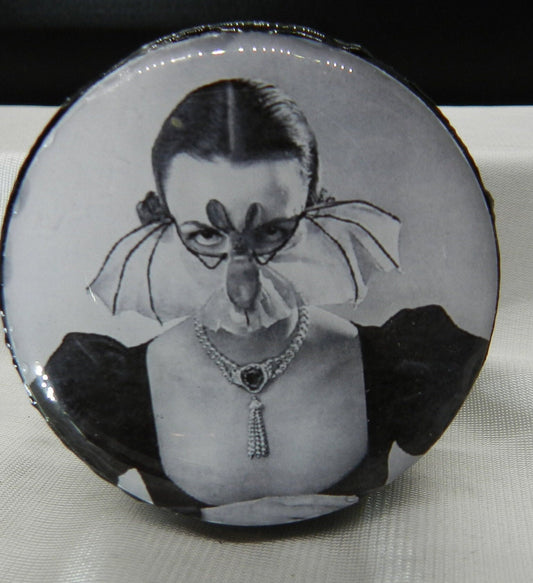 Tin with Costumed Victorian Woman in Mask, B&W Vintage Photo, 2 Inch Tin, Bat, Party