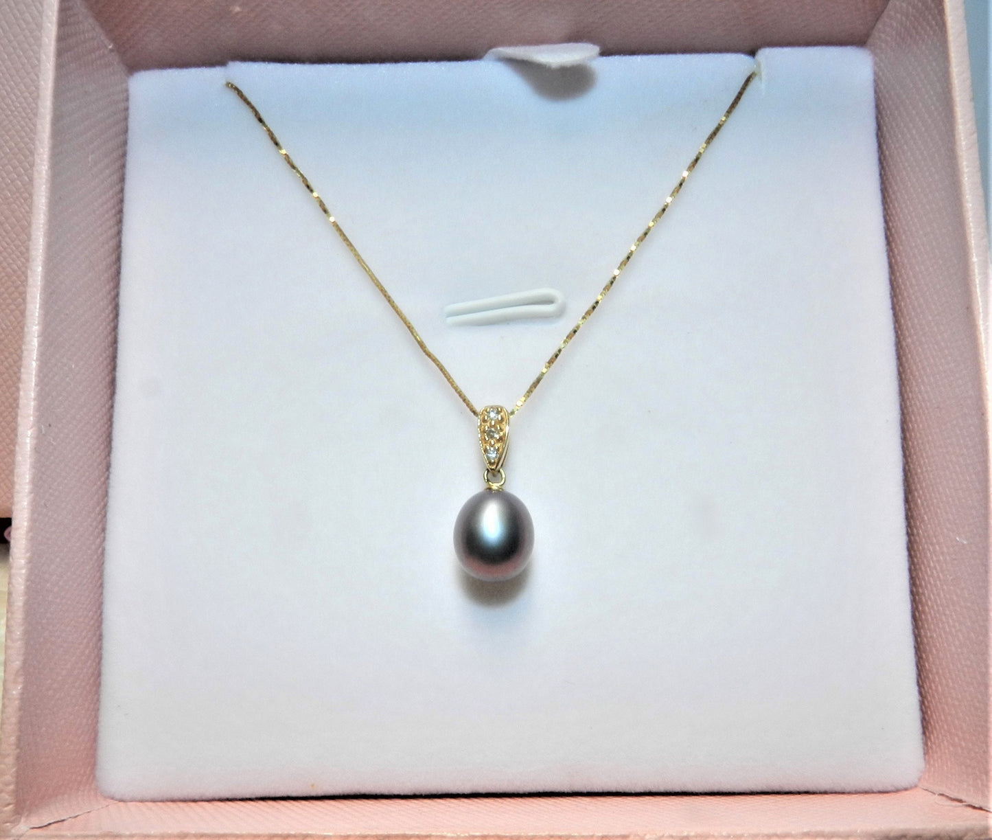 10K Diamond & Swarovski Raven Black Pearl Necklace,   Fine Box Chain