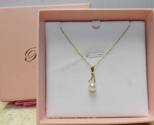14K Authentic Button Pearl Necklace with CZ, Fine Twist 14K Chain  17"