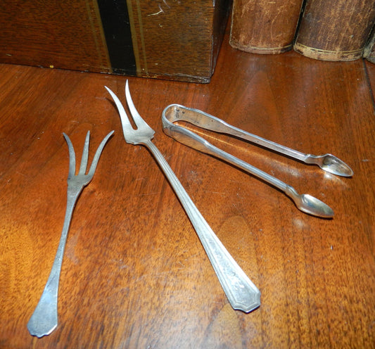 3 Antique Sterling Silver Forks & Sugar Tongs  - Tiffany Gramercy Tong -   Lemon Fork -   Butter Pick