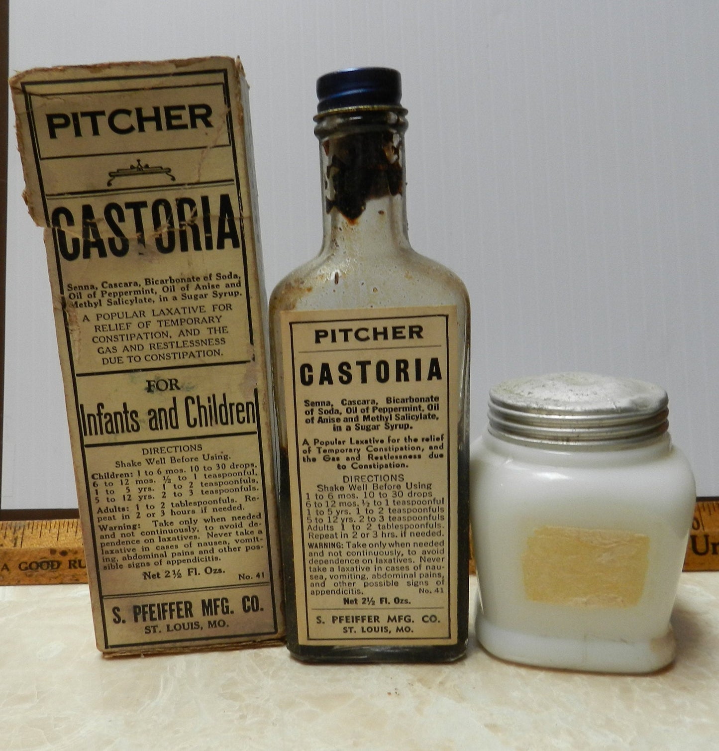 2 Authentic Antique Medicine Bottles - Castoria and an Old Cold Cream Jar -  OTC Preparation