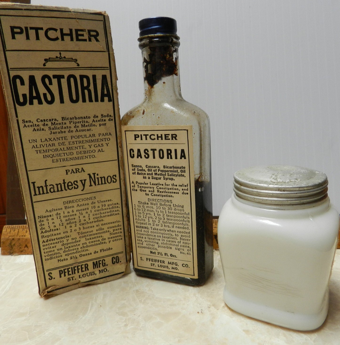 2 Authentic Antique Medicine Bottles - Castoria and an Old Cold Cream Jar -  OTC Preparation