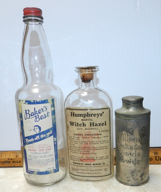 3 Authentic Antique Bottles Original Labels - Humphreys  - Bakers Best - Williams Tin - Shaving - Hair Tonic