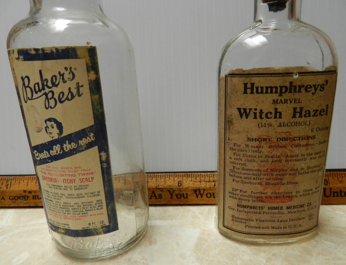 3 Authentic Antique Bottles Original Labels - Humphreys  - Bakers Best - Williams Tin - Shaving - Hair Tonic