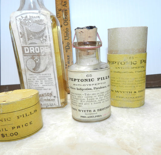 Antique All Original  Rare Peptonic PIlls Medicine Box Unopened Bottle  & 5 Drops Bottle
