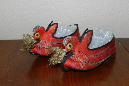 Antique Embroidered Childs Cloth Chinese Shoes Bird Rooster   VG  Small Sz