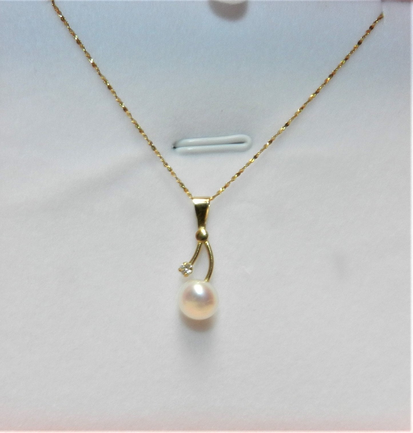 14K Authentic Button Pearl Necklace with CZ, Fine Twist 14K Chain  17"