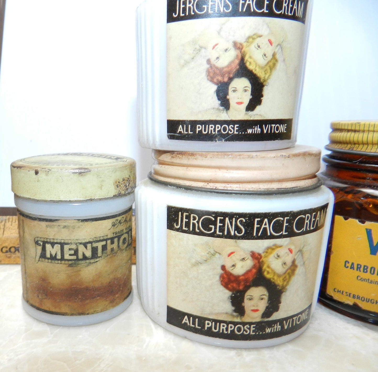6 Authentic Antique First Aid Bottles - Adhesive  Vaseline Jergens  Cold Cream Milk Glass Jars