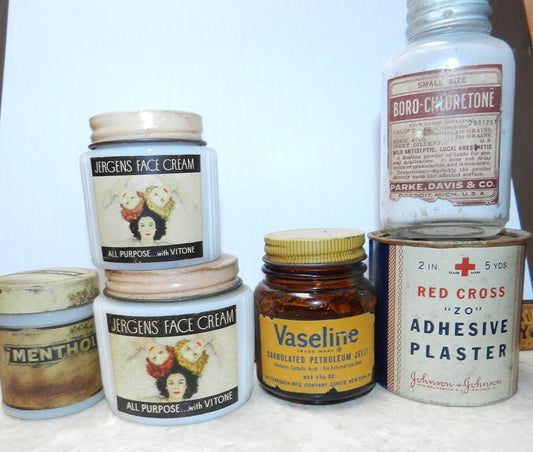 6 Authentic Antique First Aid Bottles - Adhesive  Vaseline Jergens  Cold Cream Milk Glass Jars