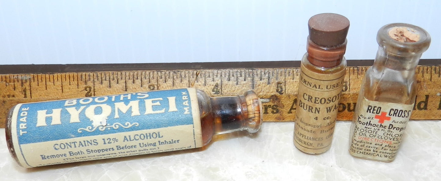 3 Authentic Antique Medicine Bottles - Booth's Hyomei, Toothache Drops, Burn Wash - Owen-Illinois - Bell System