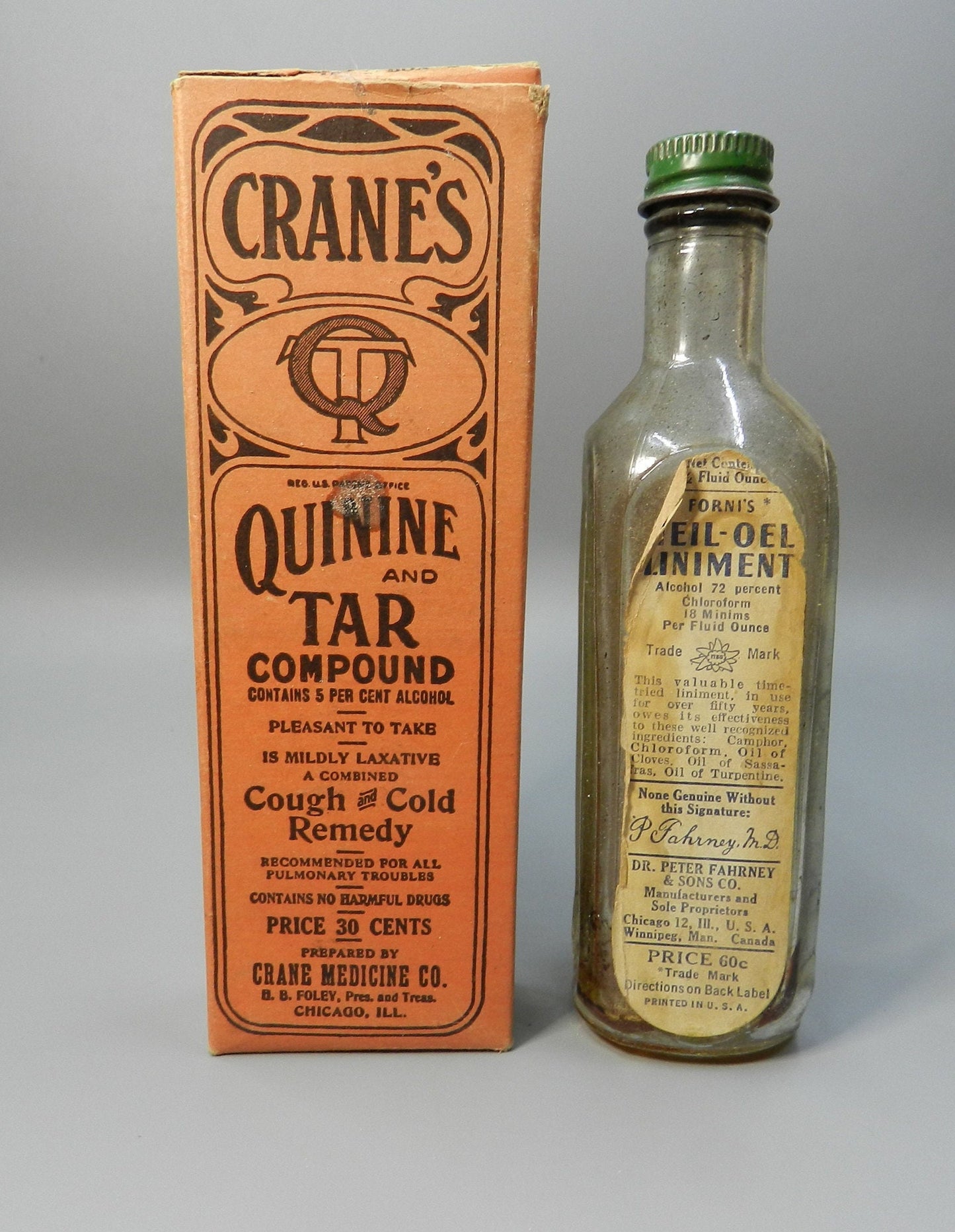 2 Authentic Vintage Medicine  Bottles - Quack Medicine Cure - Liniment - Heil-oel - Crane's Quinine Tar Compound