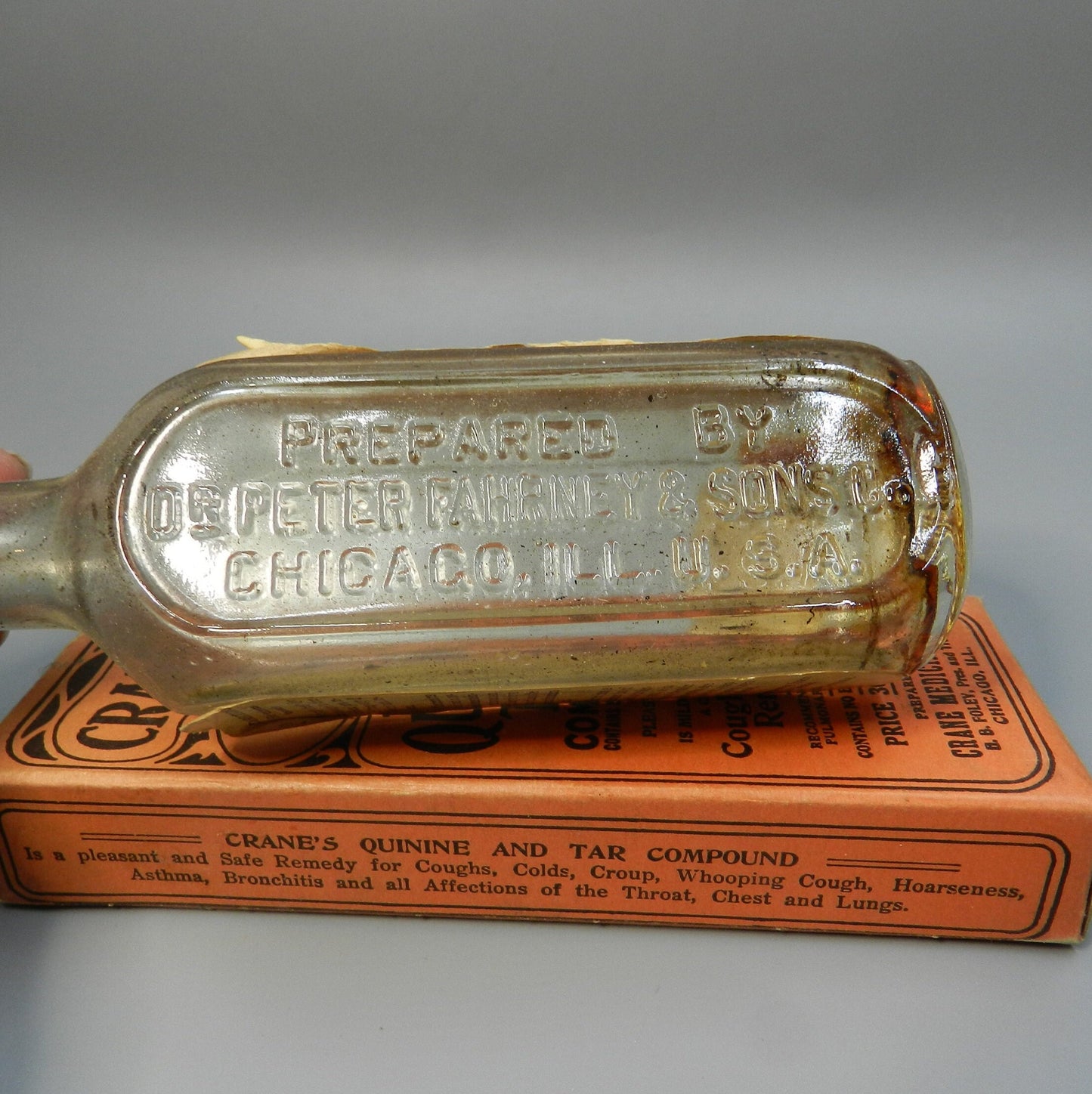 2 Authentic Vintage Medicine  Bottles - Quack Medicine Cure - Liniment - Heil-oel - Crane's Quinine Tar Compound