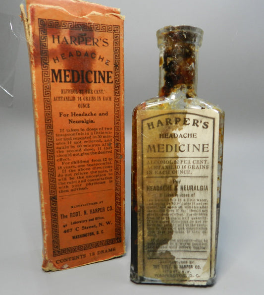 Antique Medicine Bottle -Authentic - Harper's Headache Medicine - Washington, DC