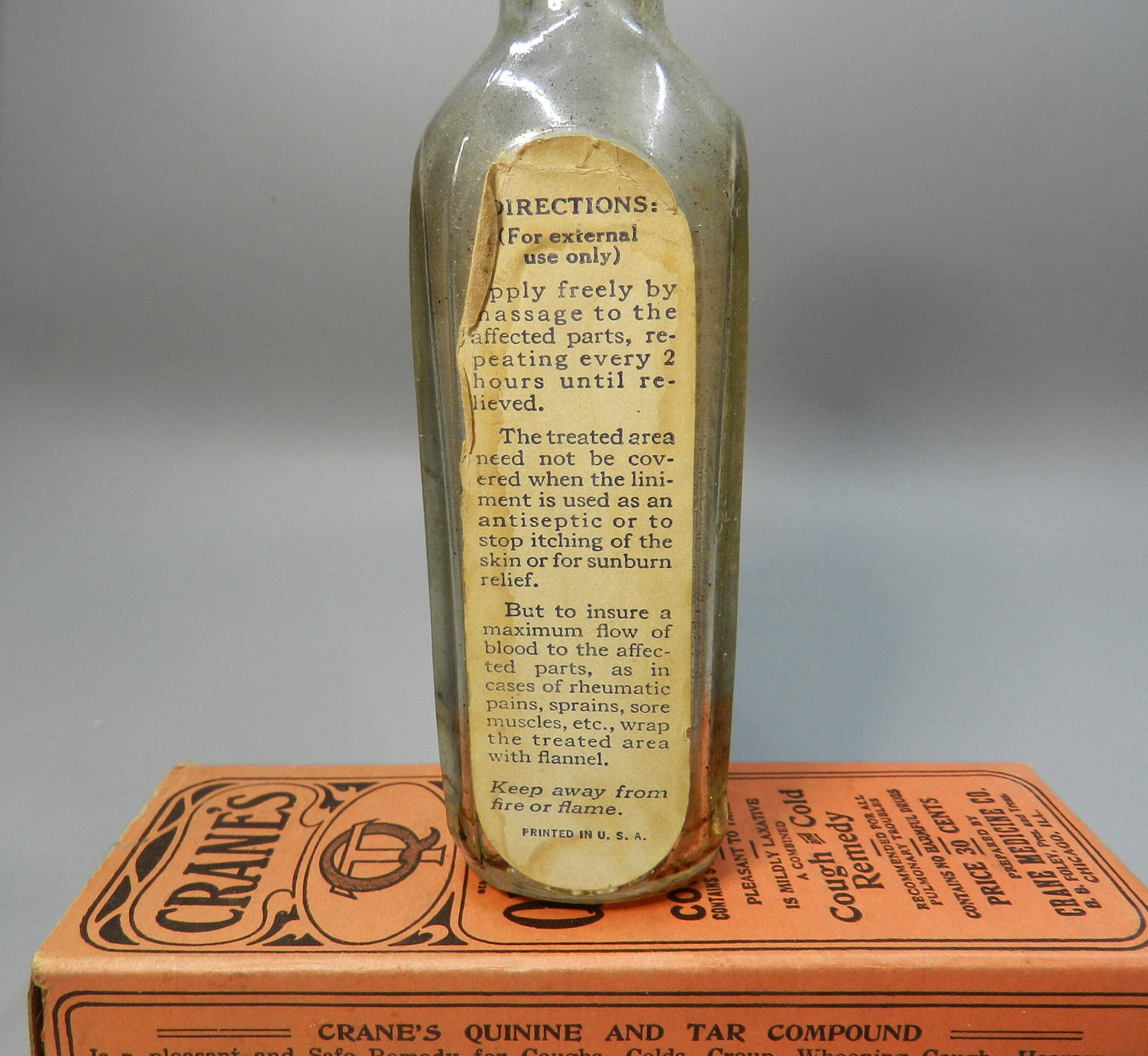 2 Authentic Vintage Medicine  Bottles - Quack Medicine Cure - Liniment - Heil-oel - Crane's Quinine Tar Compound